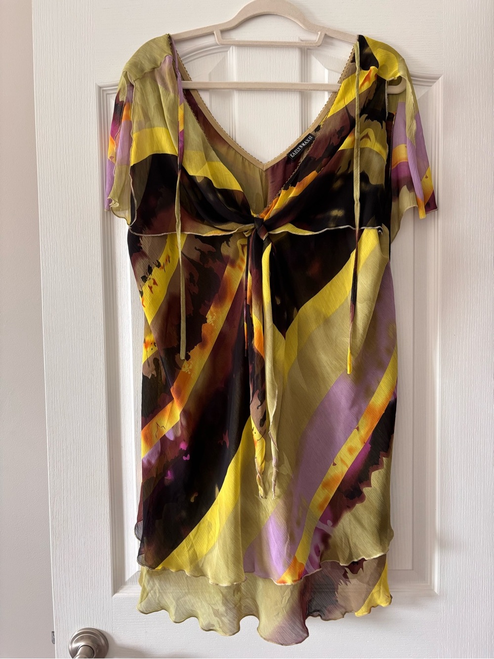 Silk-Blend Tie-Front Tunic Top in Yellow & Purple